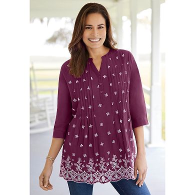Woman Within Plus Size Embroidered Pintuck Tunic
