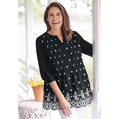 Woman Within Plus Size Embroidered Pintuck Tunic