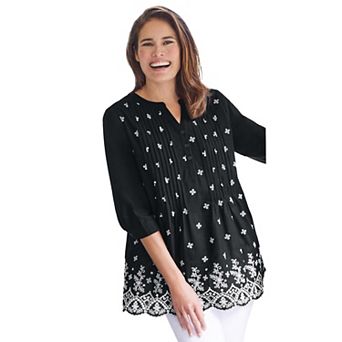 Woman Within Plus Size Embroidered Pintuck Tunic