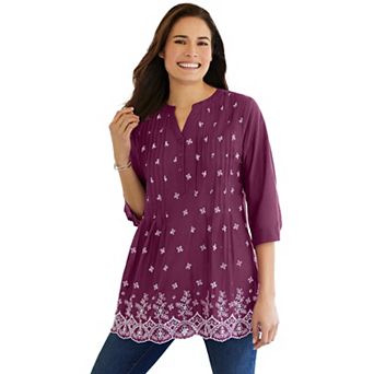 Woman Within Plus Size Embroidered Pintuck Tunic