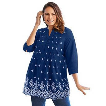Woman Within Plus Size Embroidered Pintuck Tunic