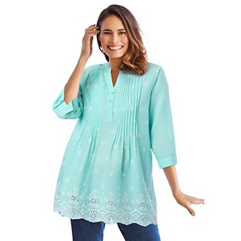Woman Within Plus Size Embroidered Pintuck Tunic