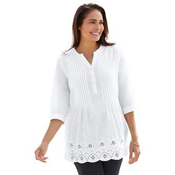 Woman Within Plus Size Embroidered Pintuck Tunic