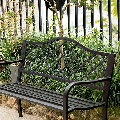 Gardenised Outdoor Garden Patio Steel Park Bench Lawn Decor with Cast Iron Back