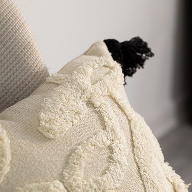 Handwoven Cotton Throw Pillow Cover with Tufted Stem Pattern and Tassel Corners with Filler