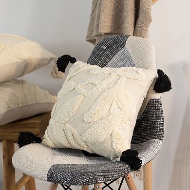 Handwoven Cotton Throw Pillow Cover with Tufted Stem Pattern and Tassel Corners with Filler