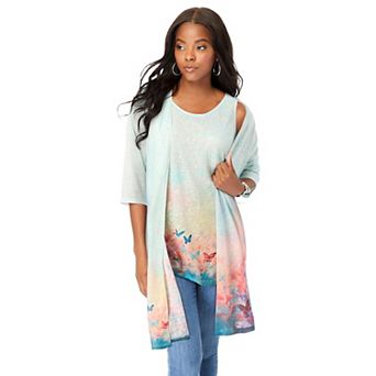 Roaman's Women's Plus Size Printed Duster Cardigan & Tank Set