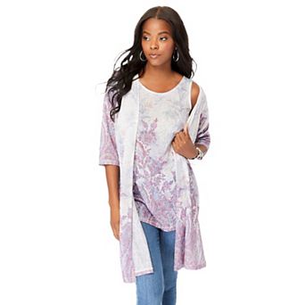 Roaman's Women's Plus Size Printed Duster Cardigan & Tank Set