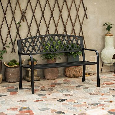 Outdoor Garden Patio Steel Park Bench with Cast Iron Back Seating bench, with Backrest and Armrest