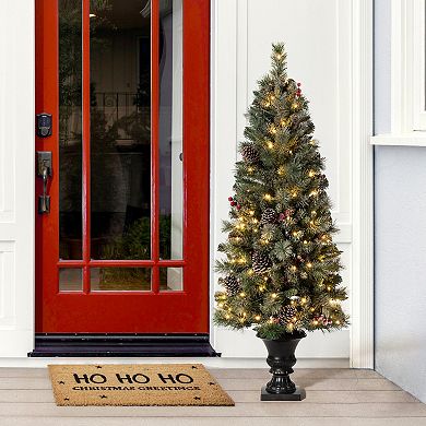 Glitzhome Artificial Christmas Porch Tree, 5ft Pre-lit Flocked Pine Fake Tree