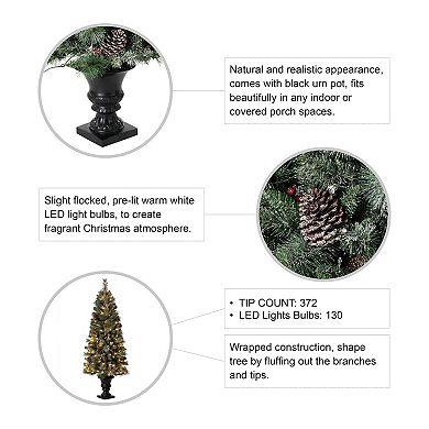 Glitzhome Artificial Christmas Porch Tree, 5ft Pre-lit Flocked Pine Fake Tree