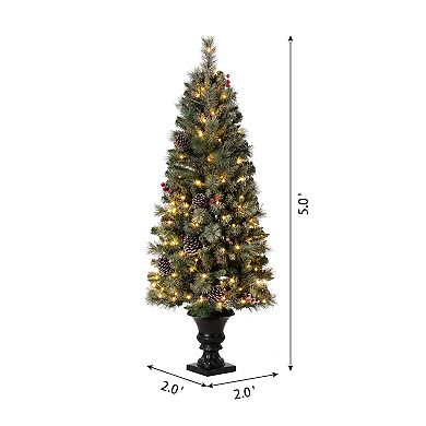Glitzhome Artificial Christmas Porch Tree, 5ft Pre-lit Flocked Pine Fake Tree