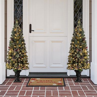 Glitzhome Artificial Christmas Porch Tree, 5ft Pre-lit Flocked Pine Fake Tree