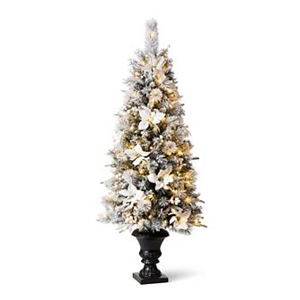 Glitzhome Artificial Christmas Porch Tree, 5ft Pre-lit Flocked Pine Fake Tree