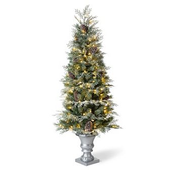 Glitzhome Artificial Christmas Porch Tree, 5ft Pre-lit Flocked Pine Fake Tree