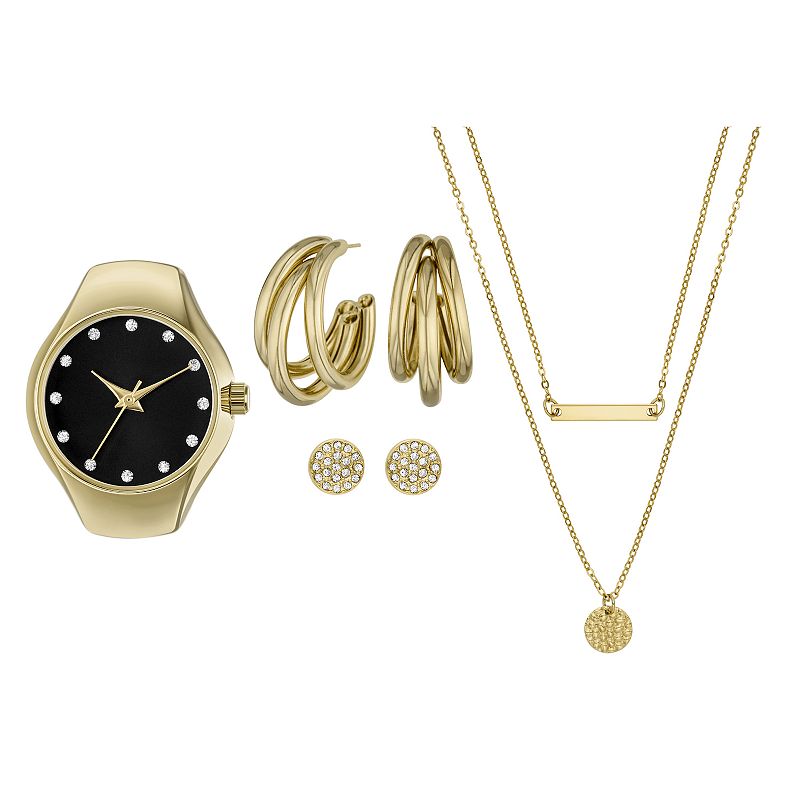 Folio Women's Gold Tone Ring Watch, Earrings & Necklace Set, Yellow