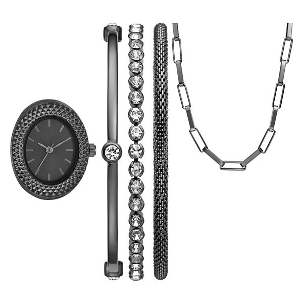 Folio Women's Black Ring Watch, Necklace & Bracelet Set - Black