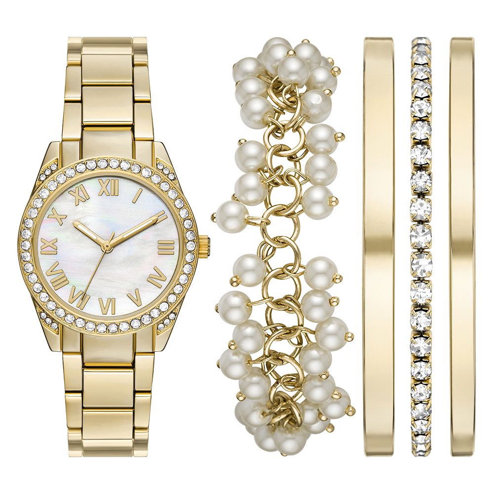 Folio Women's White Faux Gold Stackable Watch Set