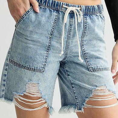 Juniors' Project Indigo Drawstring Destructed Jean Shorts