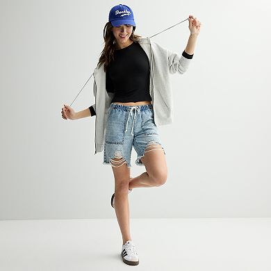 Juniors' Project Indigo Drawstring Destructed Jean Shorts