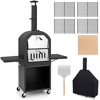 Outdoor Charcoal Pizza Oven with Pizza Stone Thermometer Side Shelves and Storage Compartment