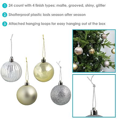 Sunnydaze Merry Medley 24-Piece Plastic Ornament Set - 60 mm - White/Silver