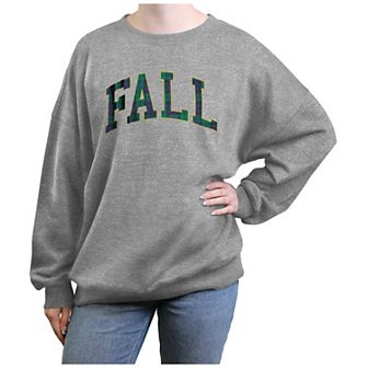 Juniors' Fall Plaid Font Oversized Graphic Pullover