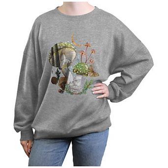 Juniors' Fall Mushroom Scene Oversized Graphic Pullover