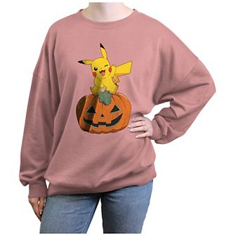 Juniors' Pokemon Pikachu Sitting On Pumpkin Oversized Graphic Pullover