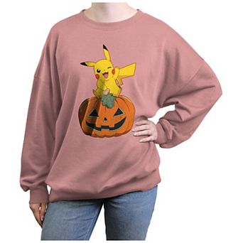 Juniors' Pokemon Pikachu Sitting On Pumpkin Oversized Graphic Pullover
