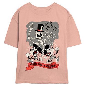 Disney's Mickey Mouse & Minnie Mouse A Skeleton Of Screams Juniors' Skimmer Graphic Tee