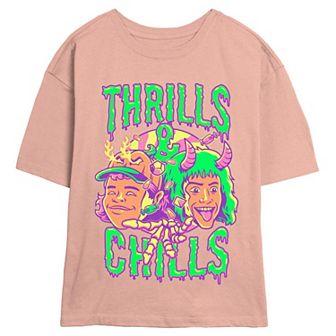Juniors' Stranger Things Thrills And Chills Drip Skimmer Graphic Tee