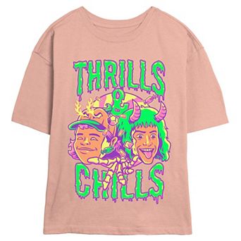 Juniors' Stranger Things Thrills And Chills Drip Skimmer Graphic Tee