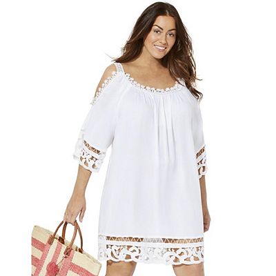 Swimsuits For All Women's Vera Crochet Cold Shoulder Cover Up Dress - White