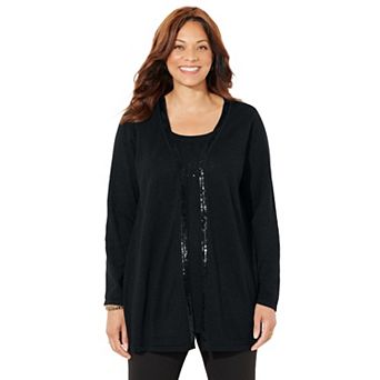 Catherines Women's Plus Size Sequin Trim Tank Cardigan Duet