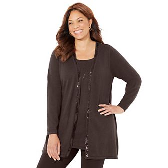 Catherines Women's Plus Size Sequin Trim Tank Cardigan Duet