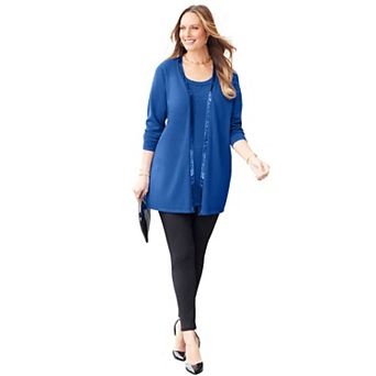 Catherines Women's Plus Size Sequin Trim Tank Cardigan Duet