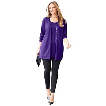 Catherines Women's Plus Size Sequin Trim Tank Cardigan Duet