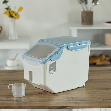 White Plastic Storage Food Holder Containers, Set Of 2, With A Measuring Cup And Wheels, Medium