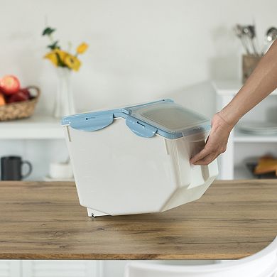 White Plastic Storage Food Holder Containers, Set Of 2, With A Measuring Cup And Wheels, Medium