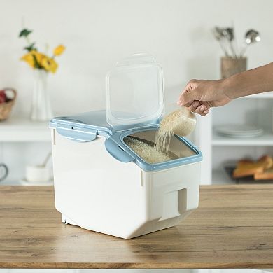 White Plastic Storage Food Holder Containers, Set Of 2, With A Measuring Cup And Wheels, Medium