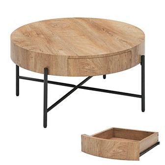 Round Coffee Table Solid Wood Center Table with Two Drawers