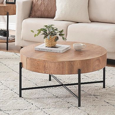 Round Coffee Table Solid Wood Center Table with Two Drawers