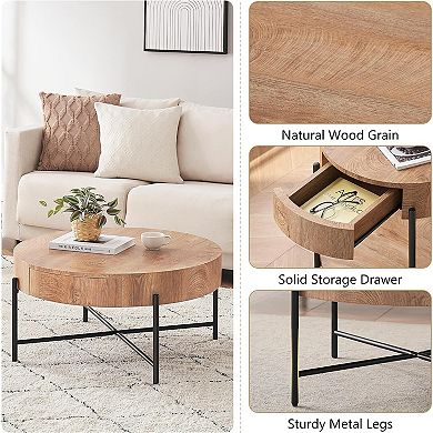 Round Coffee Table Solid Wood Center Table with Two Drawers