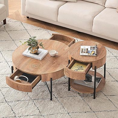 Round Coffee Table Solid Wood Center Table with Two Drawers