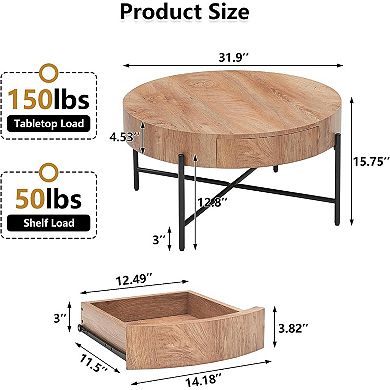 Round Coffee Table Solid Wood Center Table with Two Drawers