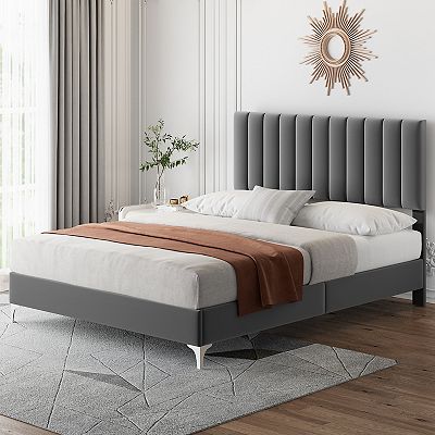 Modern Velvet Upholstered 11 inch Bed Frame with Headboard Queen