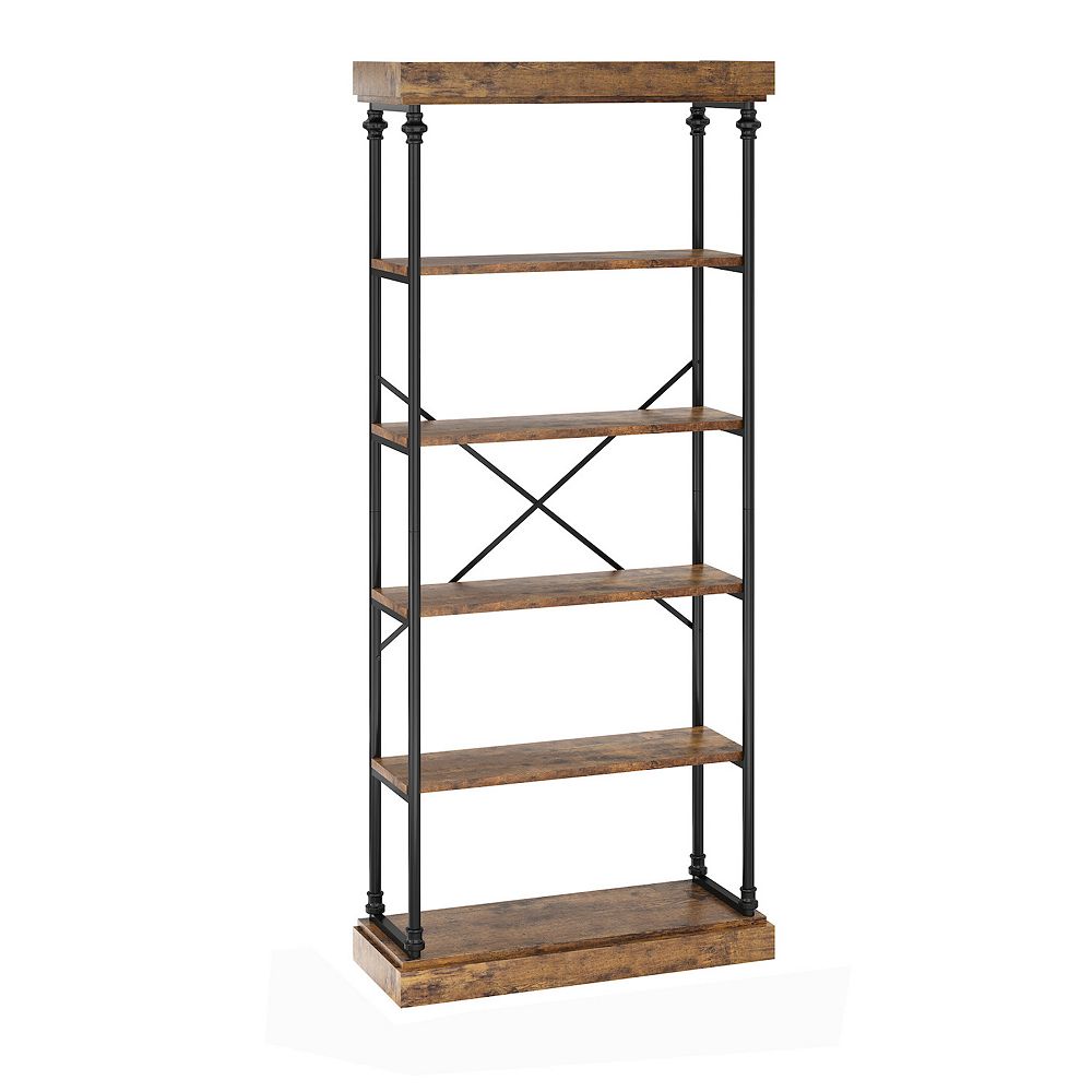 Industrial Bookshelf Wood Bookcase 6 Tier Storage Open Rack Shelf