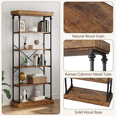 Industrial Bookshelf Wood Bookcase 6 Tier Storage Open Rack Shelf with Metal Frame