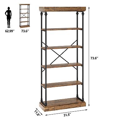 Industrial Bookshelf Wood Bookcase 6 Tier Storage Open Rack Shelf with Metal Frame